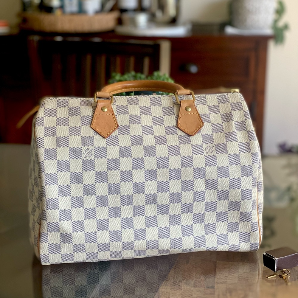 Louis Vuitton Speedy 30 Damier Azur handbag with lock and key